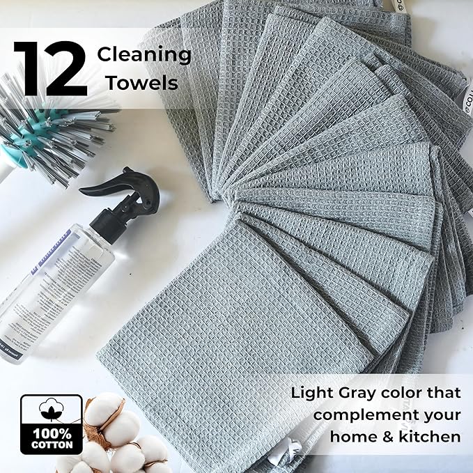 Light Gray Cotton Cleaning Rags For Housekeeping - Trapos Paños De Limpieza Reutilizables - Kitchen Bar Shop Towel Dish Mop Wash Cloth For House - Reusable Washable Absorbent - 13"x13" 12 Pack