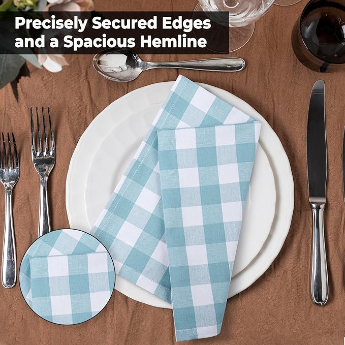 Urban Villa Cotton Dinner Napkins Set of 6, Highly Absorbent 20x20 Inches Premium Cloth Napkins Hotel Quality Reusable & Washable Table Dinner Napkins for Home & Weddings - Aqua/White, Checks