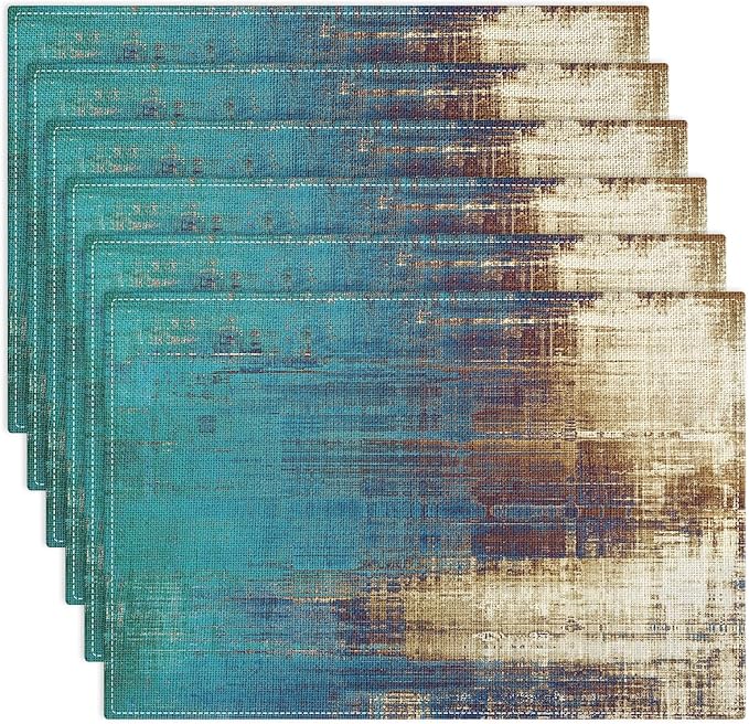 Emvency Farmhouse Placemats Set of 6, Abstract Teal Coastal Rustic 12x18 Inch Linen Rectangular Place Messy Rust Vintage Table Mats for Indoors & Outdoor Home Party Kitchen Dining Decoration