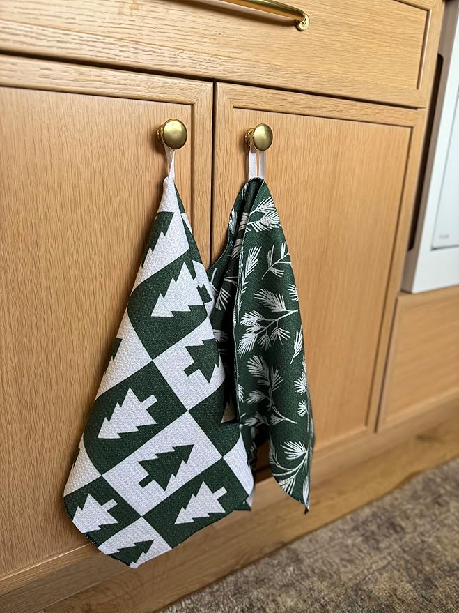2 Pack || Double Sided|| Not Your Ordinary Kitchen Towels || Dish Towels || Quick Dry || Waffle Weave Microfiber || Designer Prints || Highly Absorbent || Hanging Hook (Forest Christmas)