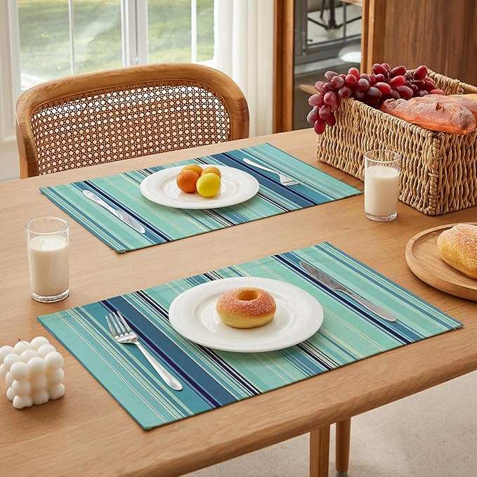 LilyCat Linen Fabric Blue Stripes Placemats, Durable Boho Dining Table Mats for Kitchen, Rustic Vintage Washable Place Mats Set of 6, 18’’× 12’’