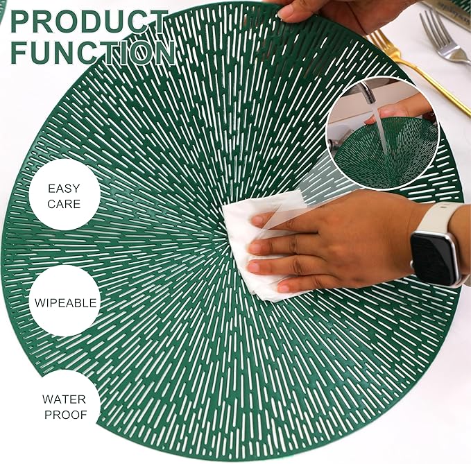 Snowkingdom Green St. Patrick's Day Placemats Set of 8, Vinyl 15 Inch Round Emerald Green Place Mats, Easter Washable Wipeable Non Slip Kitchen Dining Hollow Table Mats for Wedding Party Decor