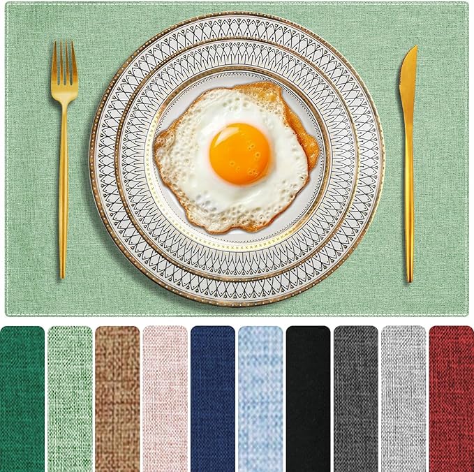 Light Green Cloth Placemats Set of 6, Cotton Linen Blend Machine Washable Double Layered Durable Place Mats Heat Resistant Placemats Wrinkle Free Thick Fabric Dining Table Mats (Light Green, 6)