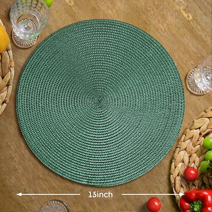 FunWheat Round Braided Placemats Set of 6 Table Mats for Dining Tables Woven Washable Non-Slip Place mats 15 inch(Black Green, 6pcs)