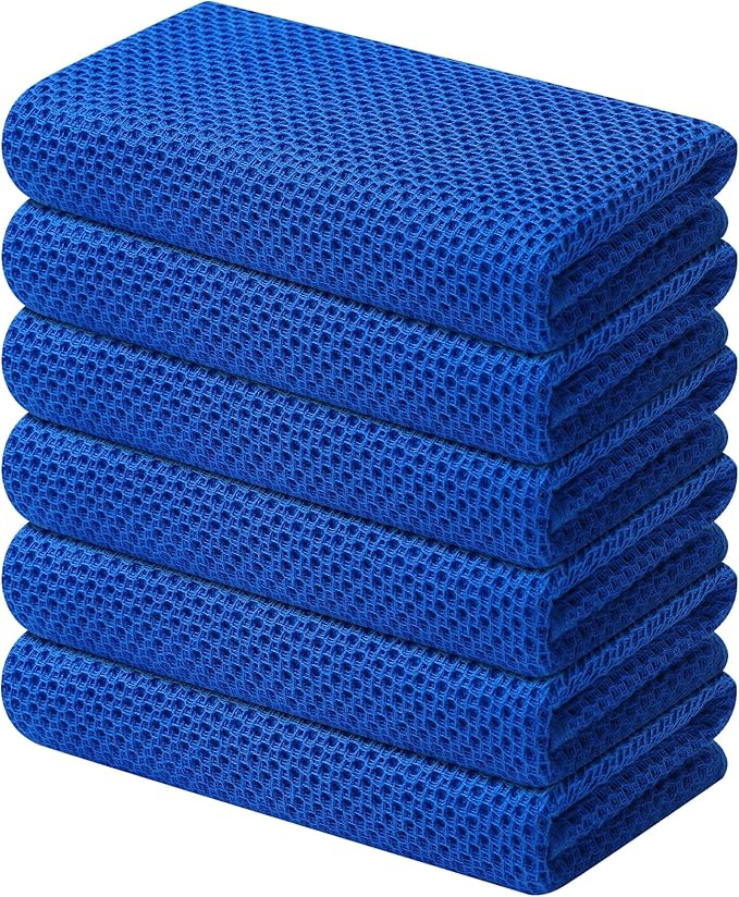 Kitinjoy 100% Cotton Waffle Weave Kitchen Hand Towels (13 X 28 Inches, Blueberry), 6-Pack Super Soft and Absorbent Dish Towel for Drying Dishes