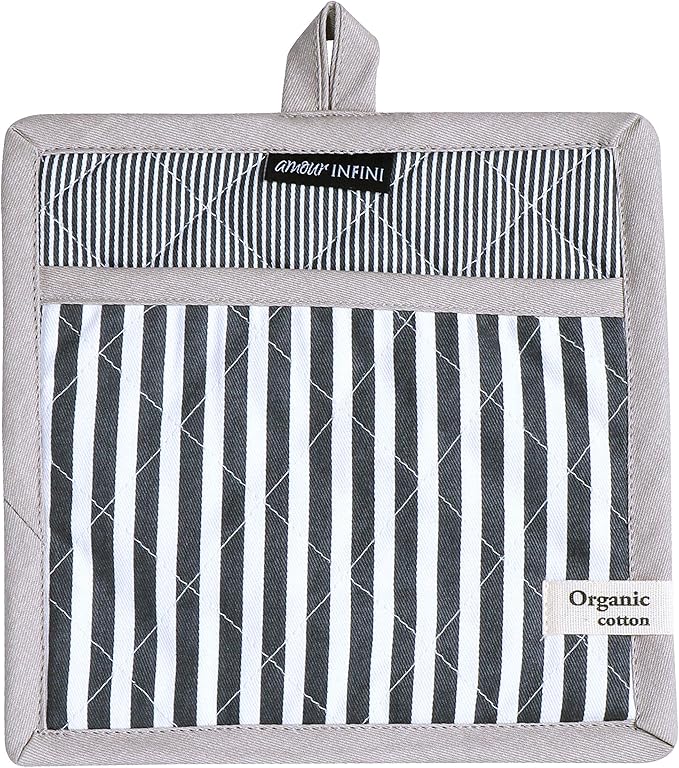 AMOUR INFINI Striped Pot Holders and Oven Mitts Heat Resistant Non Slip Reusable Set of 1 Oven Mitt and 1 Pot Holder Oven Gloves Pot Holder for Cooking (Charcoal)