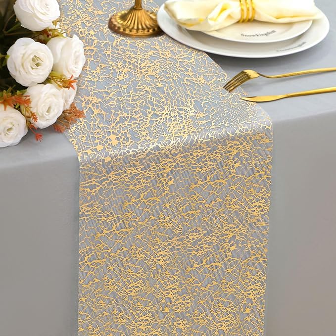 Snowkingdom 20Ft Gold Table Runner, Golden Glitter Foil Metallic Thin Mesh Cracked Runner Roll 11"x240", Gold Table Decorations for Wedding Birthday Fall Thanksgiving Christmas Party Chair Sashes