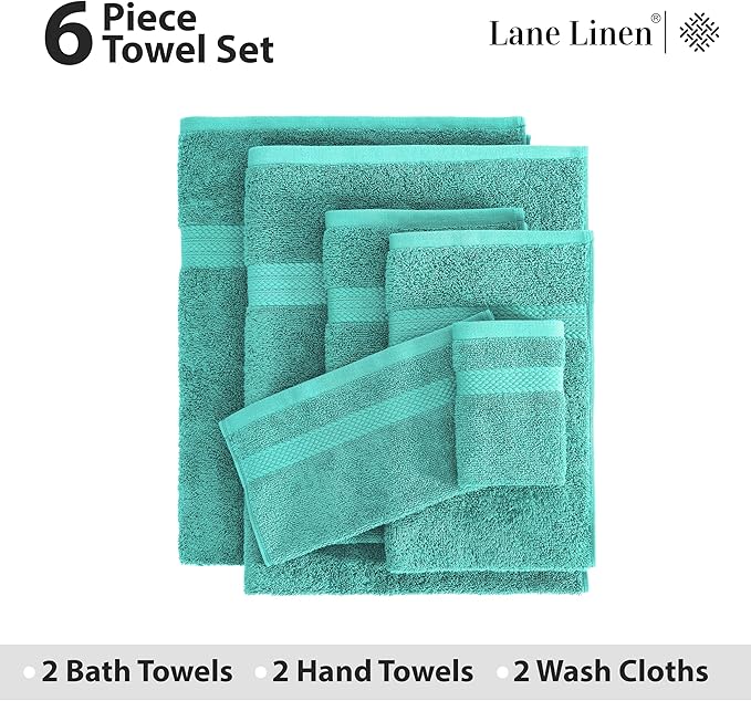 LANE LINEN 100% Cotton Bath Towel Set - 6 Pieces - Softer, Durable & Highly Absorbent - 2 Bath, 2 Wash cloths, 2 Hand Towels for Bathroom - Family Set, Premium Quality & OEKO-TEX Certified - Teal