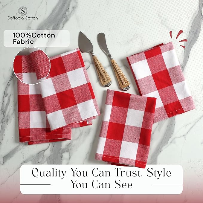 Buffalo Plaid Cloth Napkins, Set of 4, Soft, Absorbent, Durable, Reusable Fabric Napkins, Check Napkins for Dinner, Wedding, Restaurant, Buffet, Party, Christmas - Red White (16"x16")