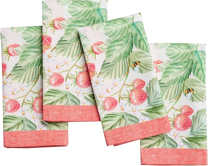 Maison d' Hermine Cloth Napkins Set of 4 100% Cotton Everyday Reusable Square Napkins Cloth Washable Dinner Wedding Restaurant Gifts for Mothers Day Spring/Summer (Strawberry Summer, 18" x 18")