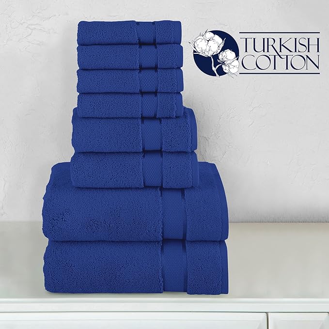 Elegant Comfort Premium Cotton 8-Piece Towel Set, Includes 4 Washcloths, 2 Hand Towels and 2 Bath Towels, 100% Turkish Cotton - Highly Absorbent and Super Soft Towels for Bathroom, Royal Blue