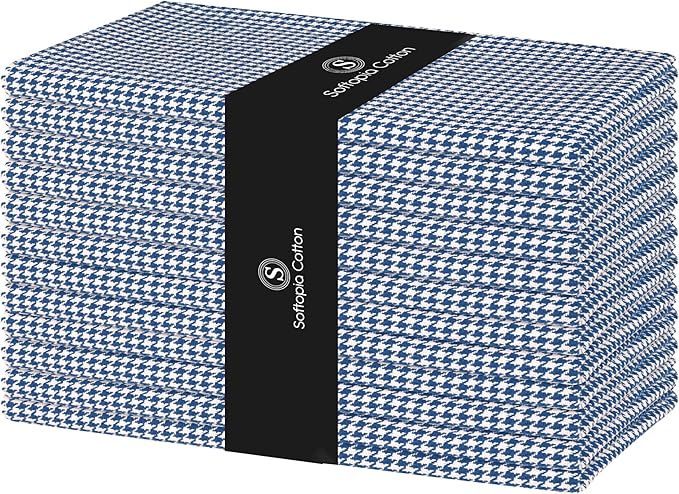 Cloth Napkin 100% Cotton Set of 12 Decorative Washable Table Houndstooth Check Napkins for Dining, Home, Wedding, Banquet - Ink Blue (18”X18”)