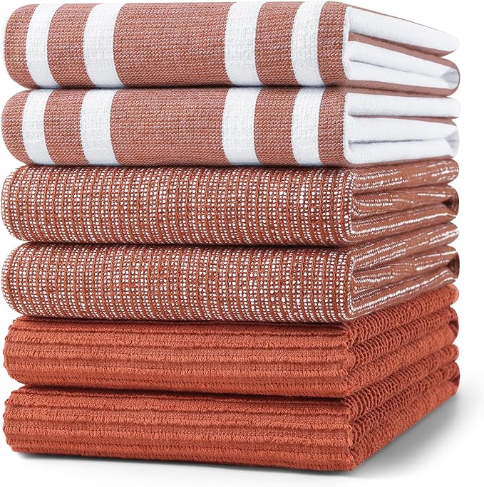 Homaxy Premium Kitchen Towels(18”x 28”, 6 Pack), Large Cotton 380 GSM Kitchen Hand Towels, Soft and Absorbent Terry Dish Towels, Multipurpose Tea Towel Set with Hanging Loop, Rust