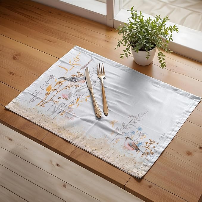 Maison d' Hermine Placemats Set of 4 100% Cotton Washable Cloth Place Mats Reusable Table Mats for Kitchen Dining Wedding Gifts for Mothers Day Spring/Summer (Meadow Florals - Beige, 13" x 19")