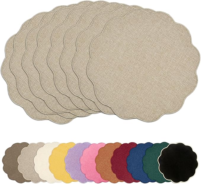 AHHFSMEI Round Faux Linen Placemats Set of 8 Heat Resistant Non-Slip Stain Proof Table Mats for Kitchen Dining Elegant Decor Place Mats (Linen Beige,8)