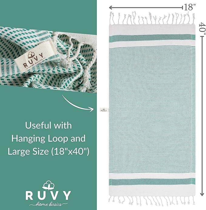 Ruvy Home Basics Turkish Hand Towels for Bathroom Set of 4 | 18"x40", Cotton | Decorative Towel for Bathroom, Kitchen, Dishcloth, Tea, Yoga, Face, Gym - Green
