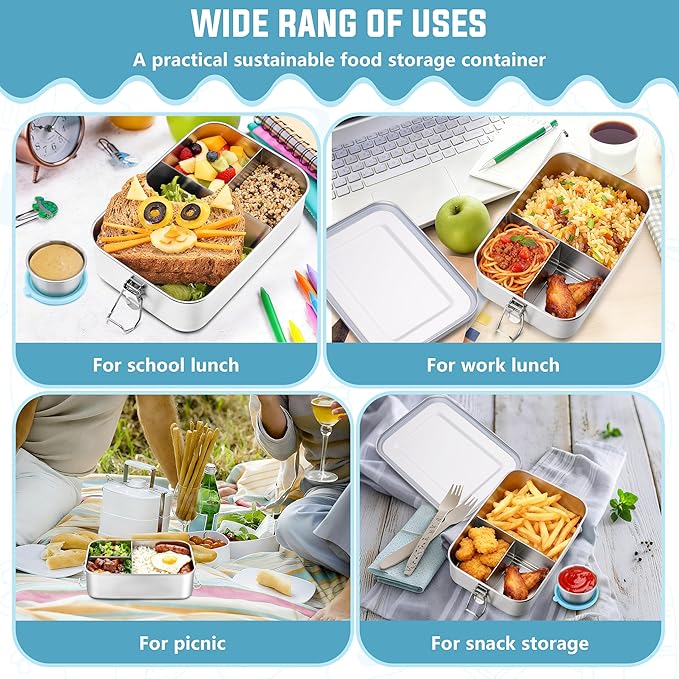 HaWare Lunch Box, 47oz (1400ml) Large Stainless Steel Bento Box with Condiment Container and Carrying Bag, 3 Compartment Food Container for Kids and Adults, Leak-Proof Metal Snack Box, Dishwasher Safe