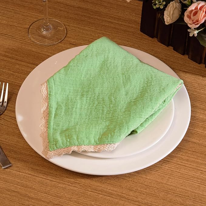 Fingercraft Dinner Cloth Napkin Cotton Muslin Double Gauze 8 Pack with Classic Lace for Everyday Use, Wedding, Party, Christmas, Easter Napkins Cloth are Pre Shrunk and Good Absorbency Lettuce Green