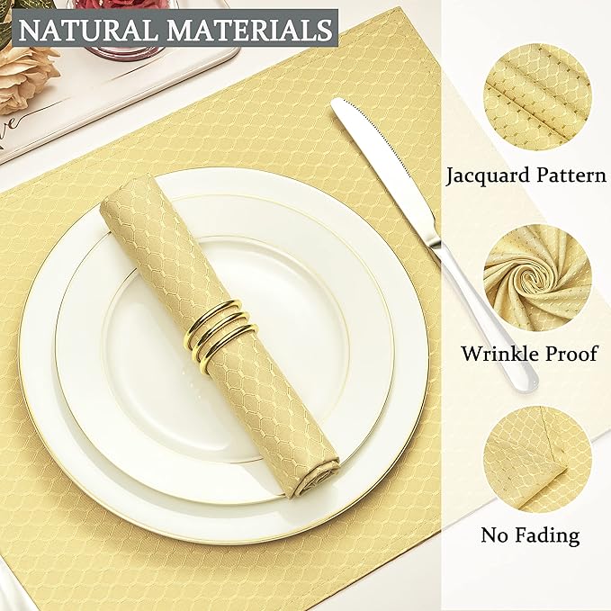 Cloth Napkins Set of 8 – Square 17x17 Inch Jacquard Fabric Polyester Washable Reusable Cloth Napkins for Kitchen Dinner Dining Restaurants Wedding Party Banquet Table (Gold A)