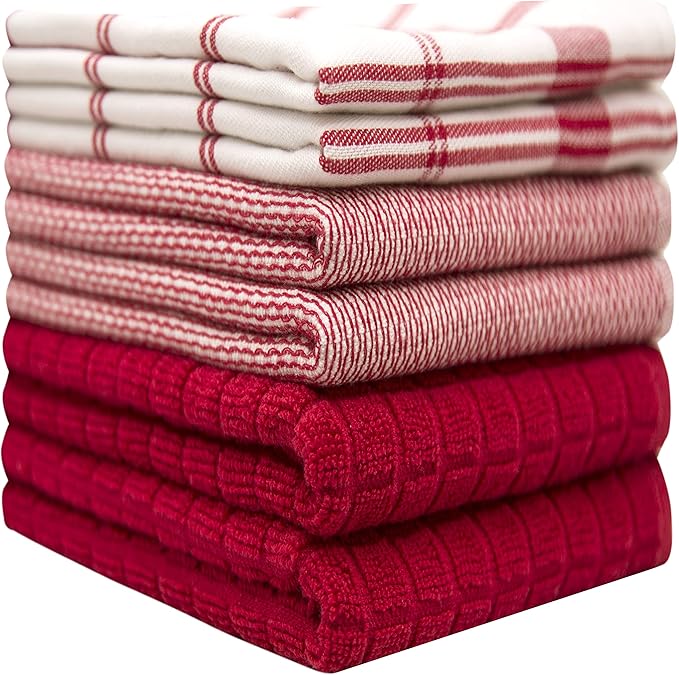 Premium Kitchen Towels (20”x 28”, 6 Pack) | Large Cotton Dish Towels | Flat & Terry Highly Absorbent Kitchen Linen Set with Hanging Loop | Red Check