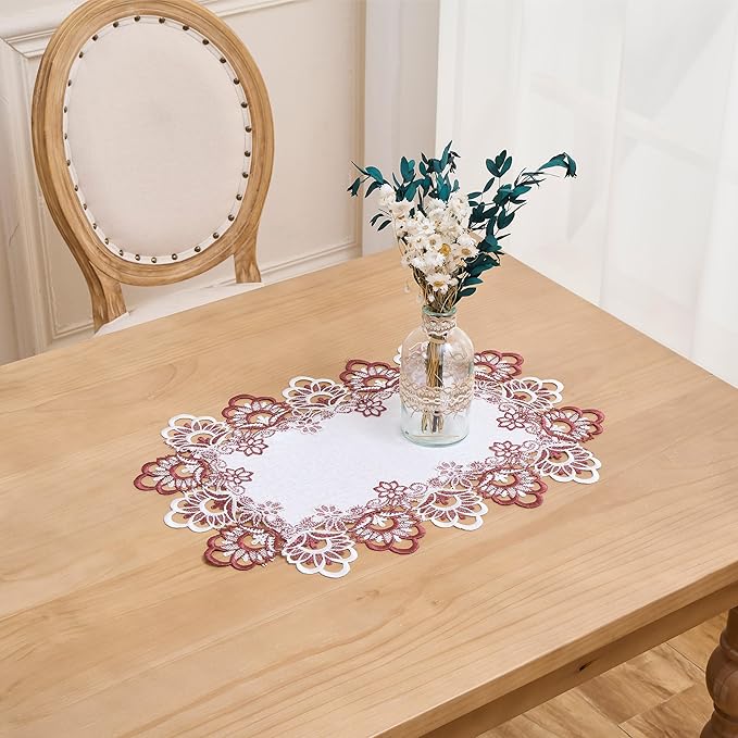 White Red Linen Placemats 14”x20” Set of 2, Neutral Lace Coffee Table Topper Dresser Scarf Place Mats (Set of 2, Red)