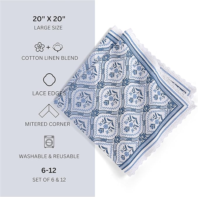 Fingercraft Dinner Cloth Napkin Cotton Linen Blend 12 Pack Mitered Corners with Elegant Lace for Everyday Use Napkins are Pre Shrunk and Good Absorbency (Damask, 20in x 20in (Set of 12))