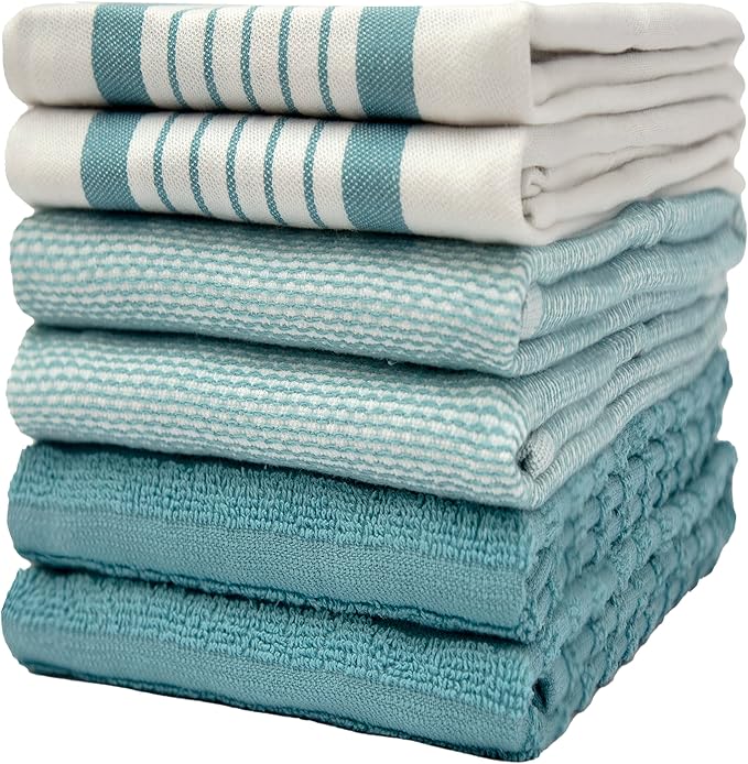 Premium Kitchen Towels (20”x 28”, 6 Pack) | Large Cotton Dish Towels | Flat & Terry Highly Absorbent Kitchen Linen Set with Hanging Loop | Aqua