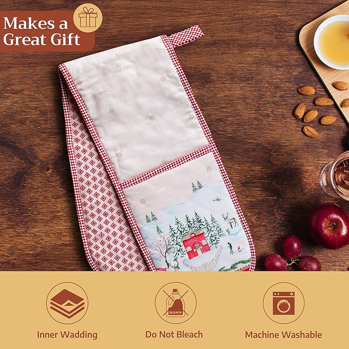 Maison d' Hermine Double Oven Mitt (7" x 35") 100% Cotton Heat Resistant BBQ Cooking Gloves with Loop for Thanksgiving Christmas Decorations Baking Cooking Barbeque Handling Hot Pan (Rural Christmas)