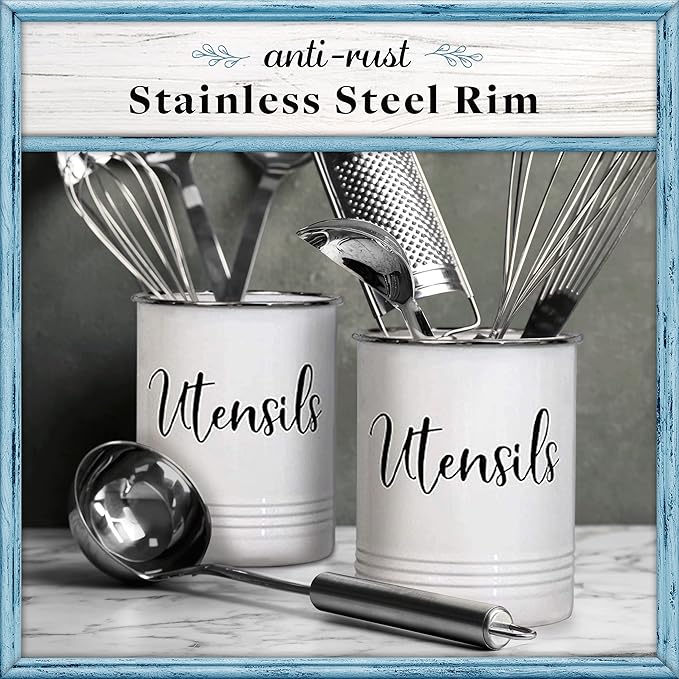 Home Acre Designs Vintage Farmhouse Utensil Holder - Stylish Countertop Organizer and Kitchen Decor Caddy - Stainless Steel Rim - White