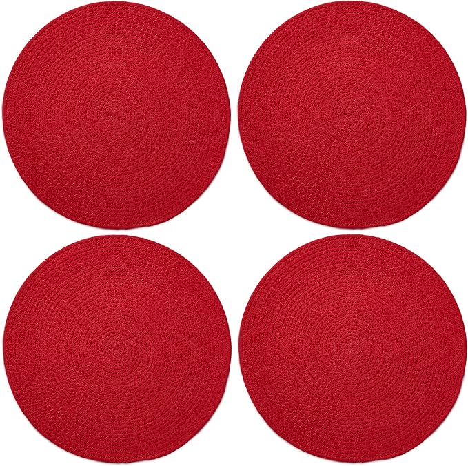 Encasa XO Dining Placemats Set of 4 | Cotton Round Table Mat - 13 in Diameter | Red | Handmade Rib Style Chargers for Dinner Plates