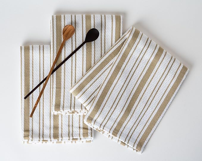 Kitchen Towels Set – Pack of 3 (20’’ x 30’’) Extra Large Premium Cotton Dish Towels for Kitchen – Basket Weave Towels – Absorbent – 100% Cotton – with Hanging Loop – Taupe
