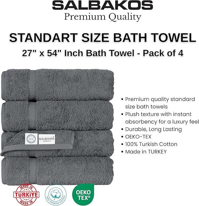 SALBAKOS 100% Turkish Cotton Bath Towels | 4 Piece Turkish Bath Towels Gray 27x54 Standard Size | Premium Hotel Quality, Super Absorbent, Thick, Plush Turkish Towel - Made in Turkey (Gray Pack of 4)