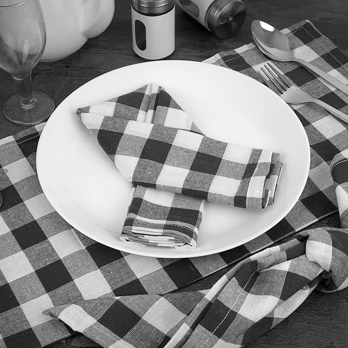 FINGERCRAFT Cloth Napkins, Everyday Use, Premium Quality, Cotton Buffalo Plaid, Set of 12, 20X20 Inch Oversized Napkins Cloth Mitered Corners, Soft, Durable Hotel Quality Charcoal White Checkered