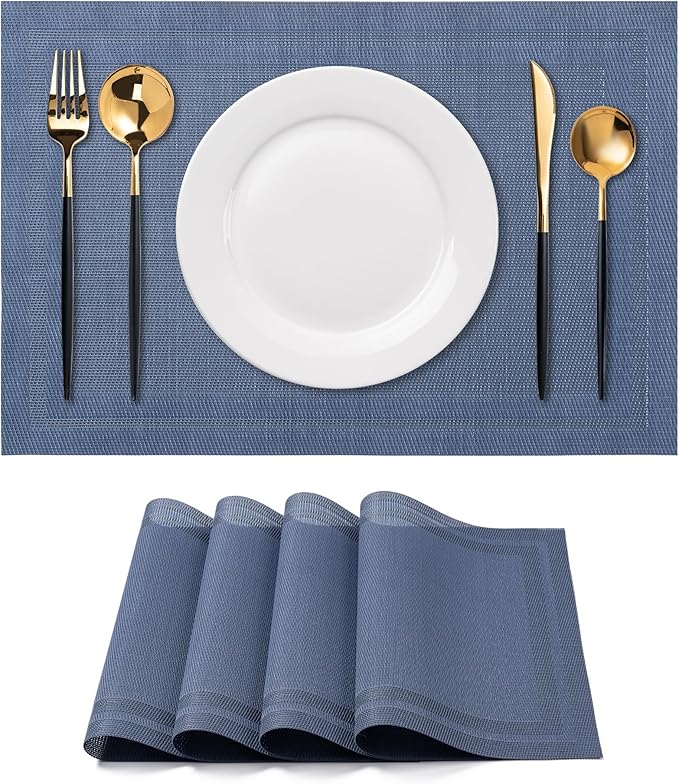 CADONO Placemats Set of 4 Washable Indoor/Outdoor Vinyl Place Mats for Dining Table Durable Non-Slip Heat Resistant PVC Weave Table Mats（Simple Style-Deep Blue）