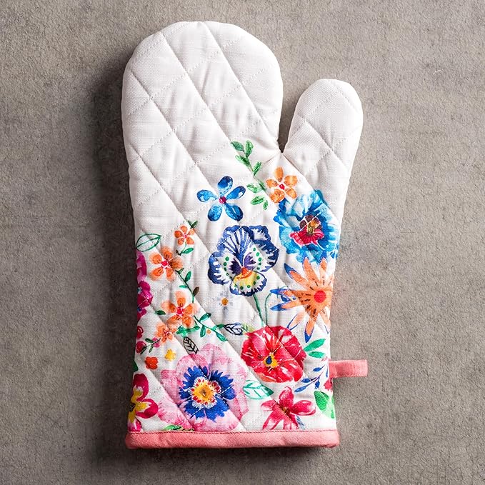 Maison d'Hermine Oven Gloves 100% Cotton Oven Mitt 7" x 13" with Loop Heat Resistant BBQ Cooking Gloves Baking Grilling Gifts for Mothers Day Spring/Summer(Pack of 1, Happy Florals - High Summer)