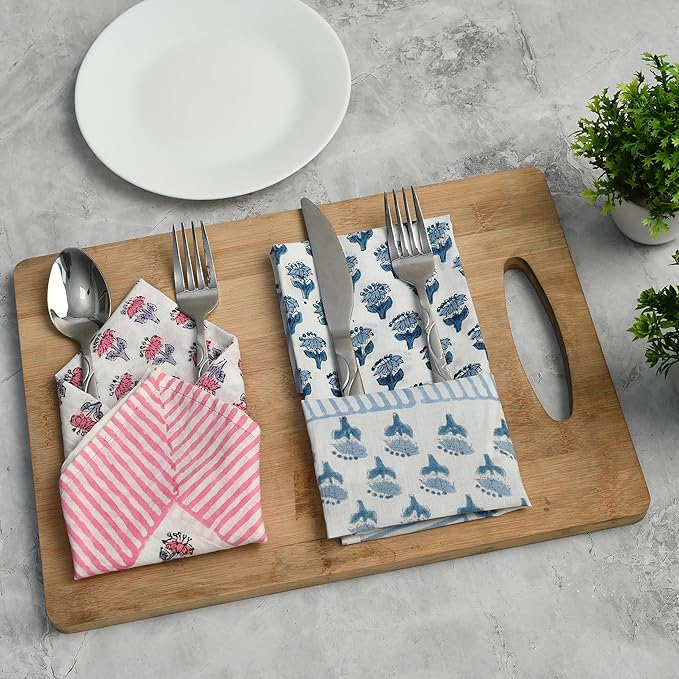 CPC Stripe Border Indian Block Print Cotton Cloth Napkins Set of 4, 18x18 Reusable Everyday Napkins, Soft, Absorbent, Floral Dinner Napkin, Holiday, Party Gift, Spring,Mother's Day
