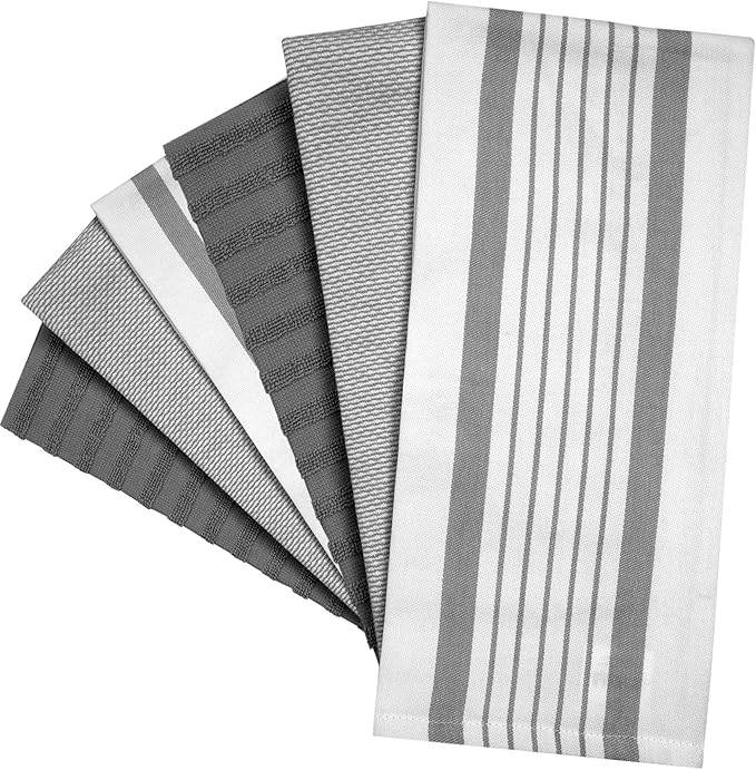 Premium Kitchen Towels (20”x 28”, 6 Pack) | Large Cotton Dish Towels | Flat & Terry Highly Absorbent Kitchen Linen Set with Hanging Loop | Grey Striped