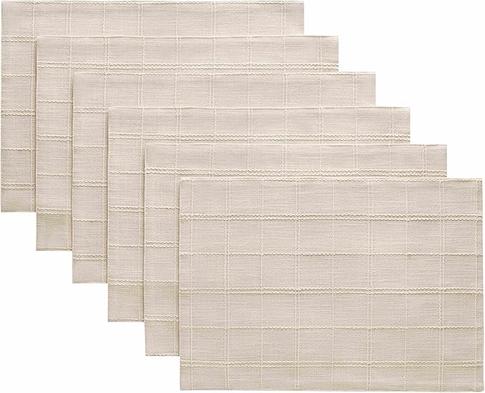 ZeeMart Linen Checked Placemats Set of 6, Plaid Embroidery Textured Table Mats, Double Layer Thick Farmhouse Rustic Place Mats for Kitchen Dining Table Home Decor, Beige 13x19 Inch