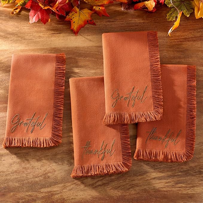 Elrene Home Fashions Fringed Harvest Sentiment Cotton Napkins, Set of 4, 17"x17", Rust