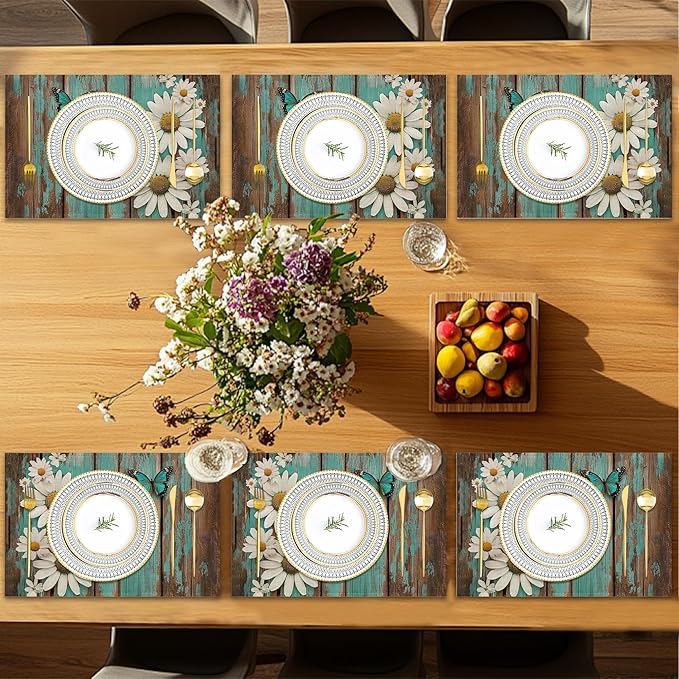 Placemats Set of 6,White Daisy Table Mats, Vintage Wood Washable Linen Table Mats,Non-Slip Heat Resistant Placemats for Party Kitchen Dining Indoor Outdoor 12"x18"