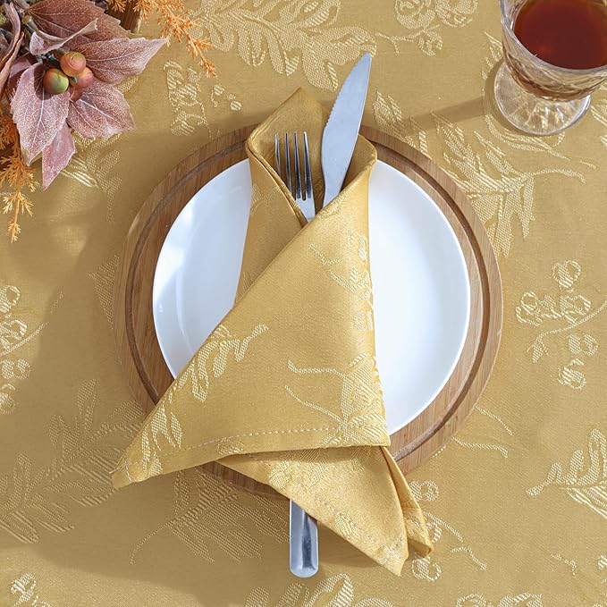 Elrene Home Fashions Elegant Woven Leaves Jacquard Damask Tablecloth, 52" x 70", Oblong, Gold