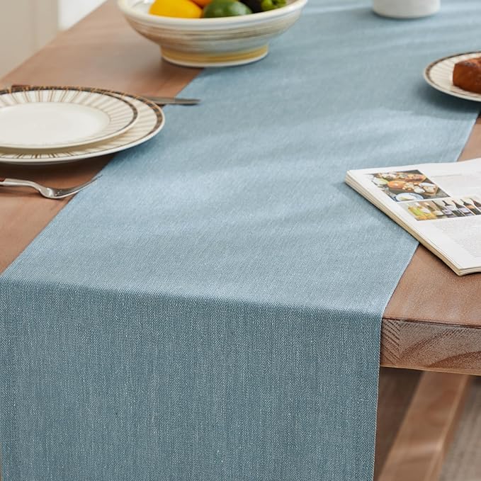 ZeeMart Rustic Cotton Linen Table Runner, 13x36 Inches River Blue, Farmhouse Style Blue Table Runners 36 Inches Long, Washable Kitchen Dining Table Decoration for Home Party Decor