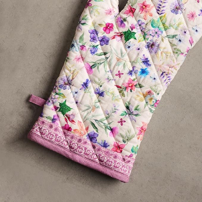 Maison d' Hermine 100% Cotton Oven Mitt & Pot Holder Set (7.5"x13" & 8"x8") Heat Resistant BBQ Cooking Gloves with Loop Baking Grilling Kitchen Gifts for Mothers Day Spring/Summer (Chardon)