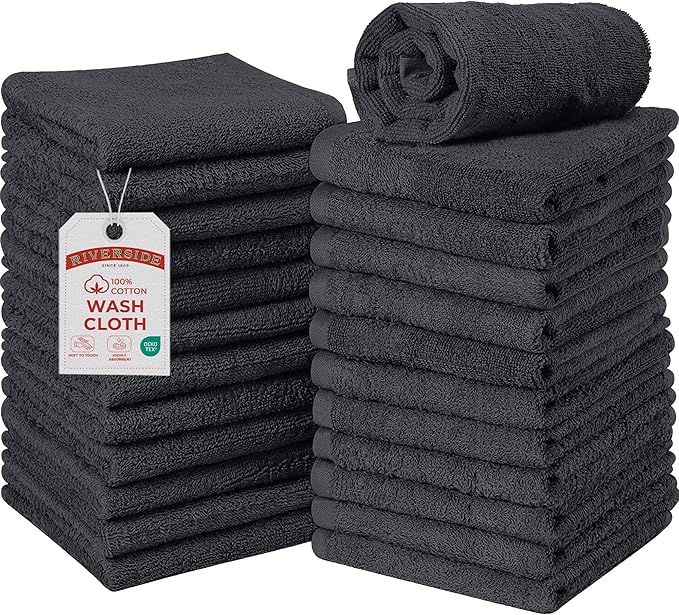RIVERSIDE Pack of 24 Wash Cloths for Showering, 12 x 12 Inches, Super Soft & Absorbent, 100% Cotton Washcloths Premium Quality Flannel Face Cloths for Bathroom, Gym, Spa (Charcoal Gray, 24 Pack)