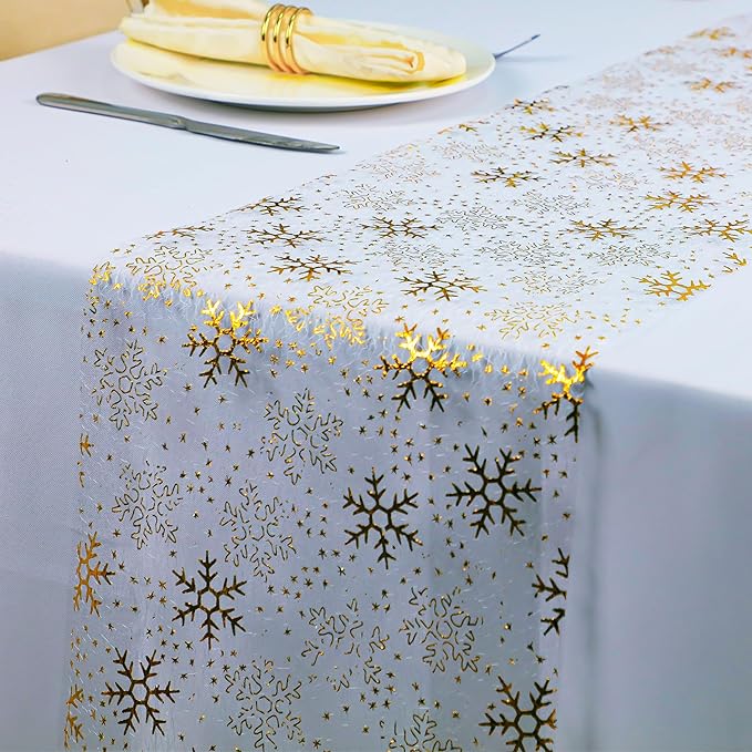 Snowkingdom 2 Pcs Christmas Snowflake Gold Table Runner Sparkly Golden Metallic Foil Runners Decorations Glitter for Winter Festival Holiday Home Party Seasonal
