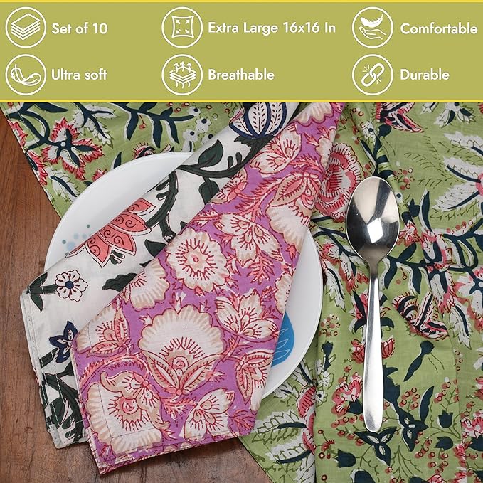 Cotton Marubhumi 10 Pc Cotton Cloth Napkins- Hand Block Print, Eco-Friendly, Dinner Napkins, Floral,Hand Made Size 16x16 Inch Printed Home Decor Multicolored