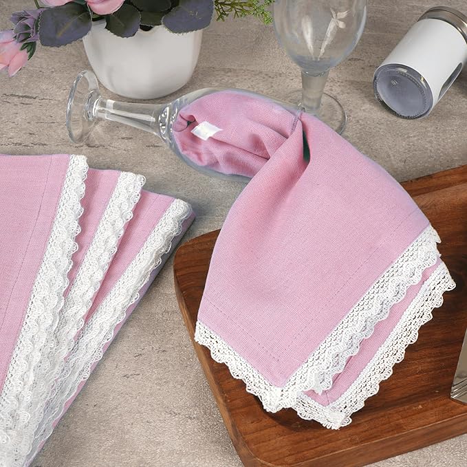 FINGERCRAFT Dinner Cloth Napkin Cotton Linen Blend 4 Pack Mitered Corners with Elegant Lace for Everyday Use Napkins are Pre Shrunk and Good Absorbency Pastel Rose Easter Color