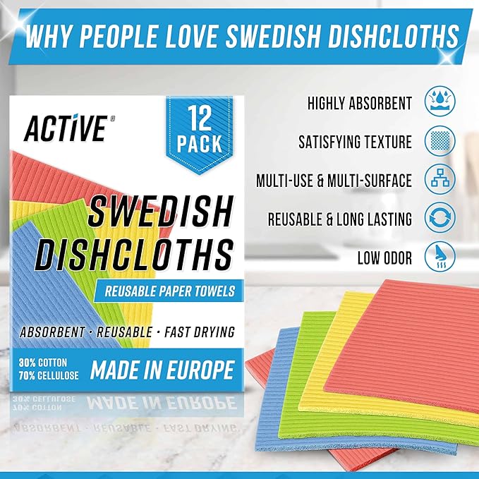 ACTIVE Swedish Dish Cloths for Kitchen 12 Pack Cellulose Sponge Cloth, Washable Dishcloths for Washing Dishes, Original European Dish Towels, Absorbent Reusable Paper Towels - Multicolor Assorted