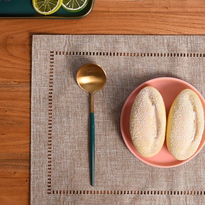 Tosewever Set of 4 Decorative Linen Placemats 12 x 18 Inches, Farmhouse Style Table Mats for Everyday Dining Wedding Party Holiday Home Decor (4 Pieces 12 x 18”, Light Coffee/Straight)