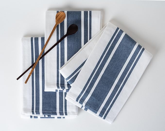Kitchen Towels Set – Pack of 3 (20’’ x 30’’) Extra Large Premium Cotton Dish Towels for Kitchen – Super Striped Towels – Absorbent – 100% Cotton – with Hanging Loop – Blue Grey